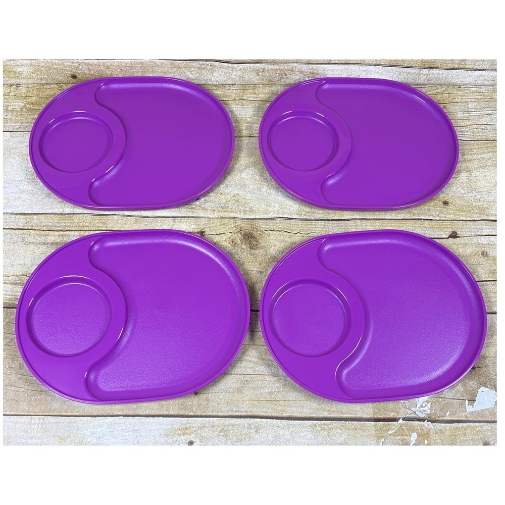 Vintage Tupperware Snackatizer Plates Plum Purple Divided Tray NOS Snack Set